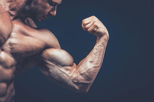 istock The athlete shows his beautiful body on black background 530564030