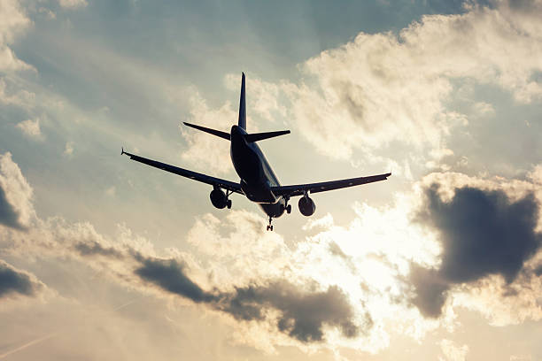 istock Landing aircraft in backlight 530566024