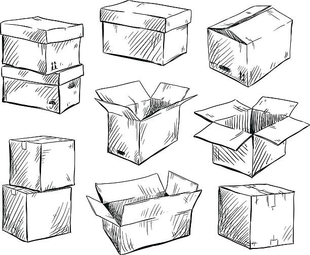 set of doodle cardboard boxes. Vector illustration. set of doodle cardboard boxes. Vector illustration.  package illustrations stock illustrations