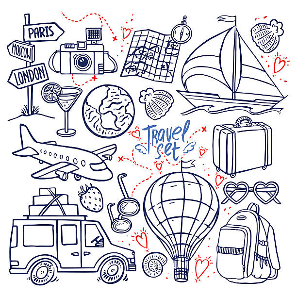 travel icon set travel icon set. airplane, car, ship. hand-drawn illustration travel drawings stock illustrations