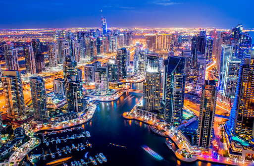 Dubai, United Arab Emirates - April 08, 2016: Dubai marina at night taken from the Torch tower