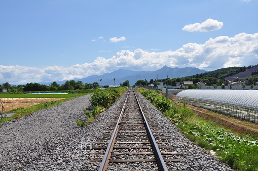 Railroad at lavender-farm station in Furano, Hokkaido - Japan.