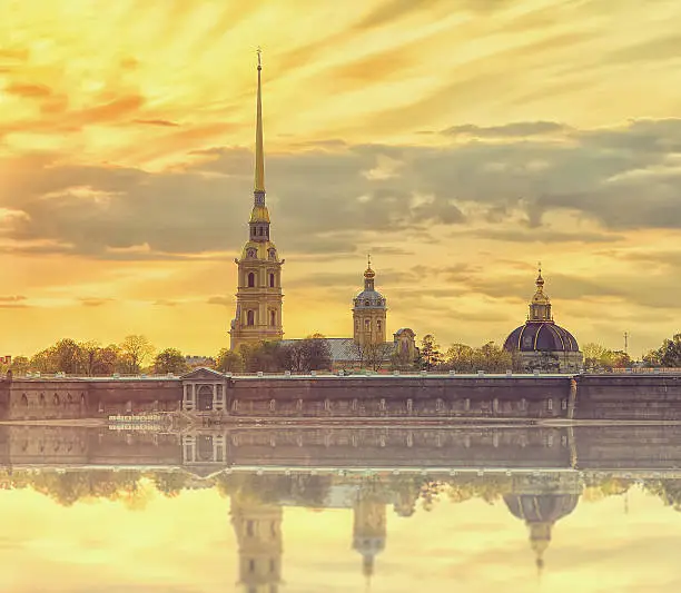 Classic view of Saint-Petersburg river scape at sunset, Peter and Paul fortress . Travel background