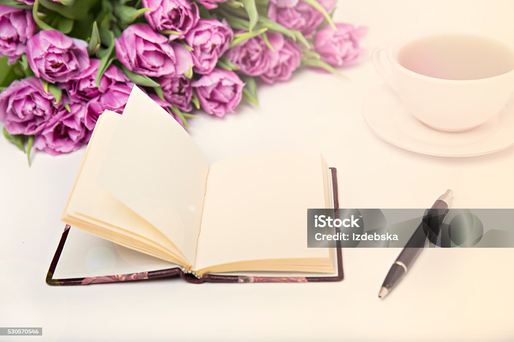 Spring look at the desk, lay flat Backgrounds Stock Photo