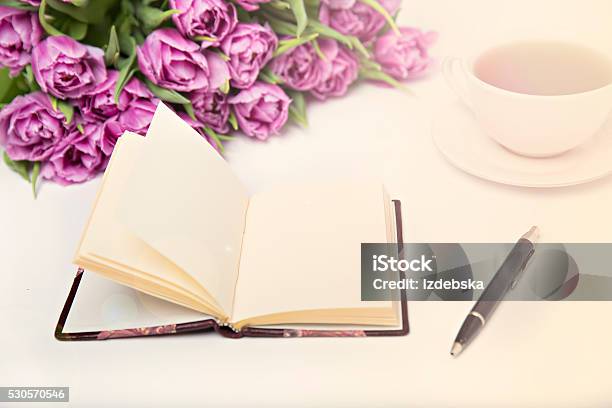 Spring Look At The Desk Lay Flat Stock Photo - Download Image Now - Backgrounds, Croissant, Cup