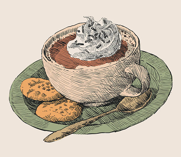 gorąca czekolada kakao i pliki cookie - coffee cup steam black tea brown stock illustrations