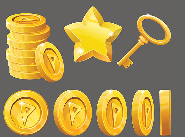 istock Set of gold items, coins, star and key. 530571748