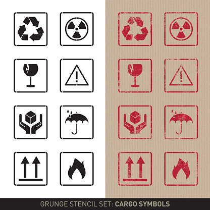 Set with eight cargo symbols, very common in packaging. The set includes symbols for recycling, handle with care, keep dry, this way up, etc. The symbols are designed as stencil forms in a plain black and white version and a grunge red stamp version on brown pack paper.