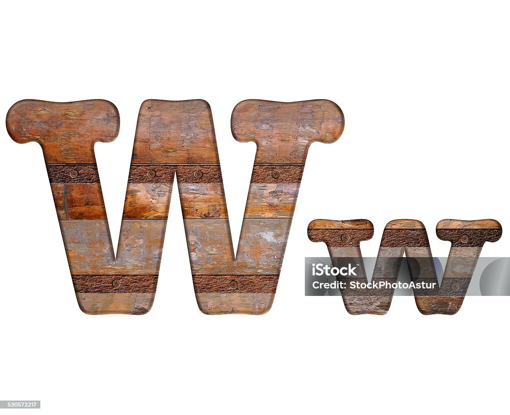 Letter W wooden and rusty metal. Illustration with W letter in wooden and rusty metal. Alphabet Stock Photo