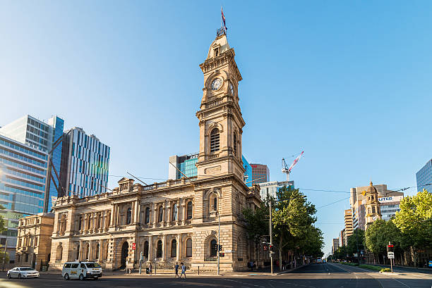 Adelaide, Australia - January 3, 2016: Adelaide General Post Office Shop with tower bell viewed from Victoria Square. It is a colonial-era building in the Adelaide city centre which is located at 141 King William Street on the north-west corner of King William Street and Victoria Square.