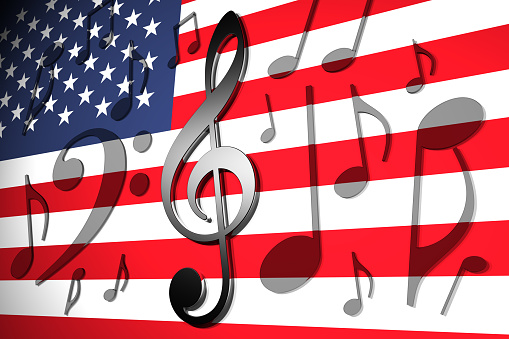 The flag of the USA with musical symbols and notes over the top in 3D.