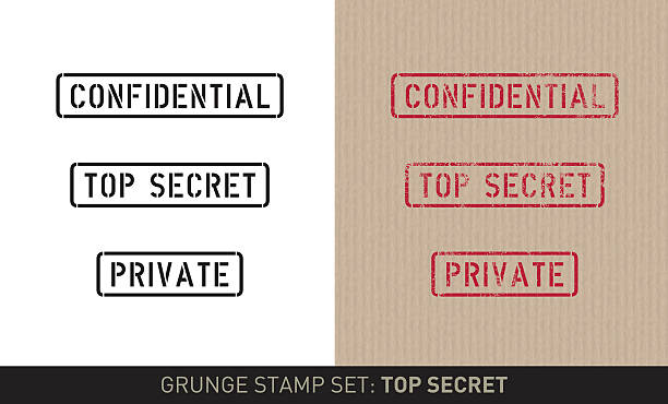 Stencil stamp set: top secret (plain and grunge versions) Set with three stencil stamps for privacy instructions saying: "Confidential", "Top secret" and "Private". The set includes renderings in a plain black and white and a red grunge stamp version in on brown pack paper. top secret illustrations stock illustrations