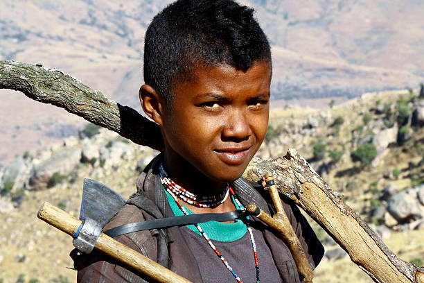 istock Hard working poor boy carrying a tree trunk - MADAGASCAR 530579081