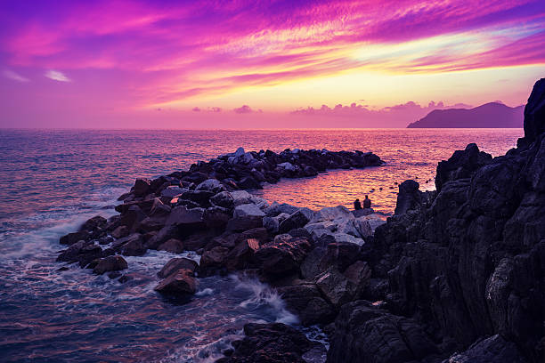Sunset over rocky coast. Cinque Terre