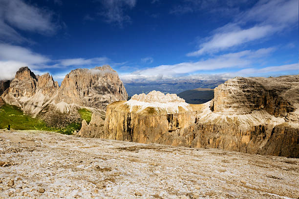 View from Sass Pordoi plateau, Dolomites, Italy, Europe stock photo