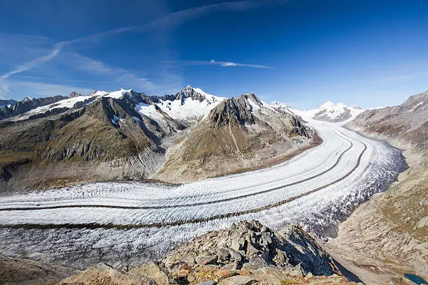 Majestic view to Aletsch glacier, the largest gracier in Alps and UNESCO herritage from Bettmeralp, Valais, Switzerland, Europe