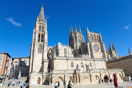 Burgos, Spain - August 13, 2014: Unidentified people at the famous gothic cathedral in Burgos, Castille, Spain.