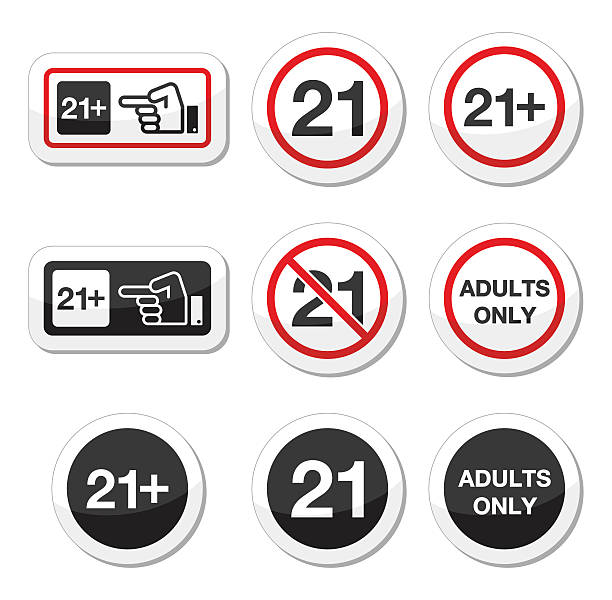 Under 21, adults only warning sign Attention - under eighteen forbidden labels set bar drink establishment illustrations stock illustrations