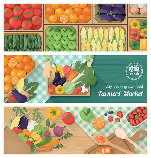 신선한 야채면 - farmers market table gardening high angle view stock illustrations