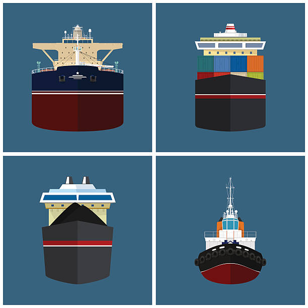 bildbanksillustrationer, clip art samt tecknat material och ikoner med front view of a cargo ship - arbetsfartyg