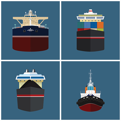 Front View of the Vessel, Cargo Container Ship, Oil Tanker, Dry Cargo Ship, Tugboat,   International Freight Transportation, Vessel for the Transportation of Goods, Vector Illustration