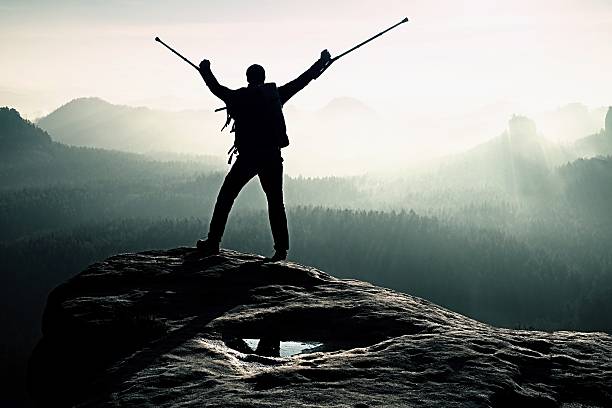 istock Hiker with broken leg in immobilizer and medicine pole 530592906