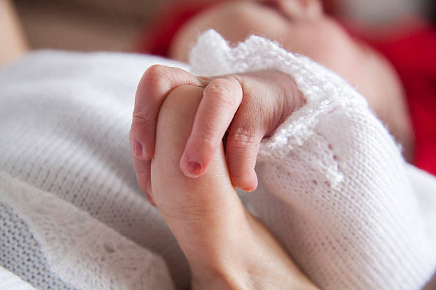 Baby holding female thumb stock photo