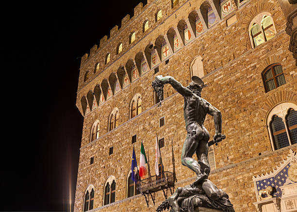 vista da piazza della signoria, em florença, itália - palazzo vecchio piazza della signoria florence italy italy - fotografias e filmes do acervo