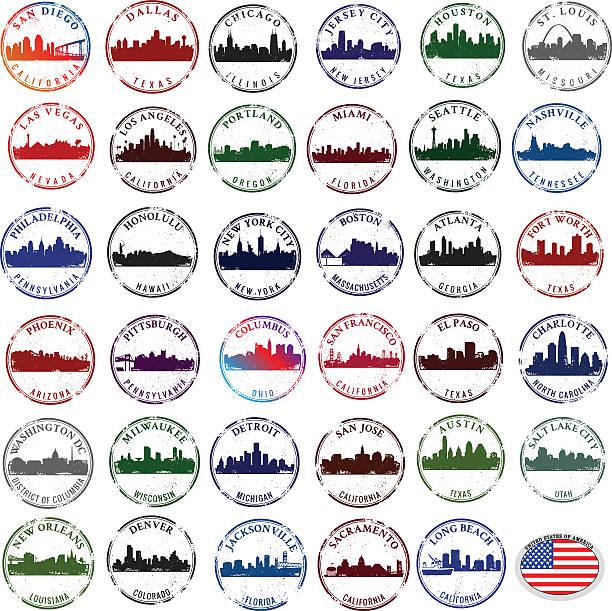 Stamps of American CIties Rubber stamp graphics of major American CIties us cities stamp stock illustrations