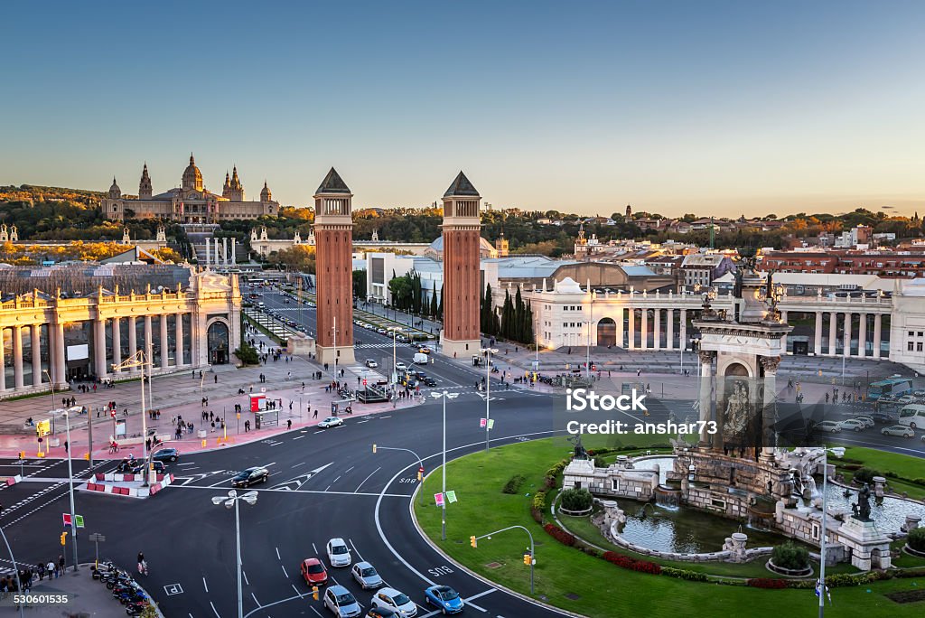 Aerial View on Placa Espanya and Montjuic Hill Aerial View on Placa Espanya and Montjuic Hill with National Art Museum of Catalonia, Barcelona, Spain Aerial View Stock Photo