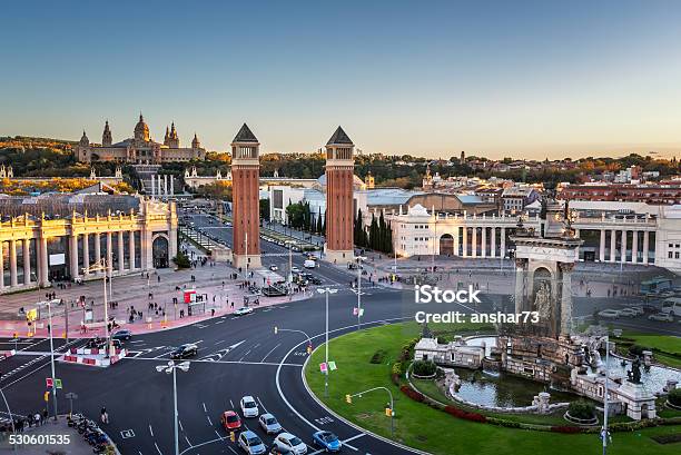 Aerial View On Placa Espanya And Montjuic Hill Stock Photo - Download Image Now - Aerial View, Architectural Column, Architecture