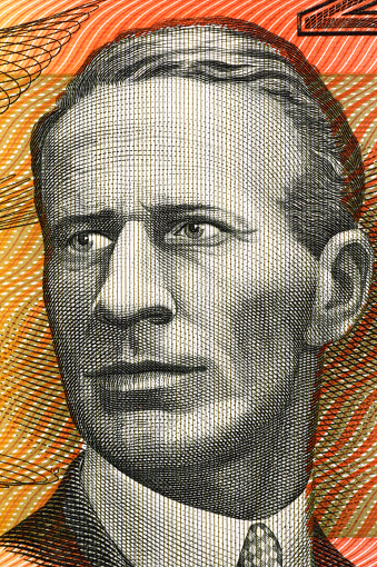 Charles Kingsford Smith (1897-1935) on 20 Dollars 1974 banknote from Australia. Early Australian aviator. Less than 30% of the banknote is visible.