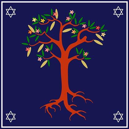 Blooming tree on blue-white background with six-pointed stars