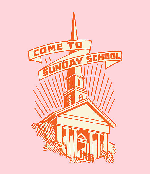 illustrazioni stock, clip art, cartoni animati e icone di tendenza di chiesa con tornare a scuola banner domenica - come