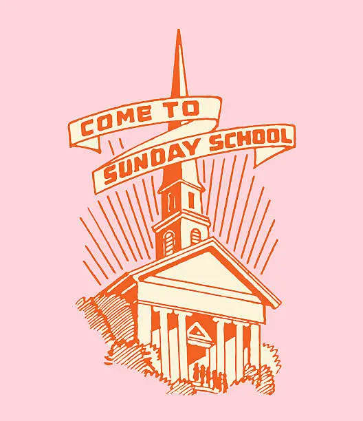 Vector illustration of Church with Come to Sunday School Banner
