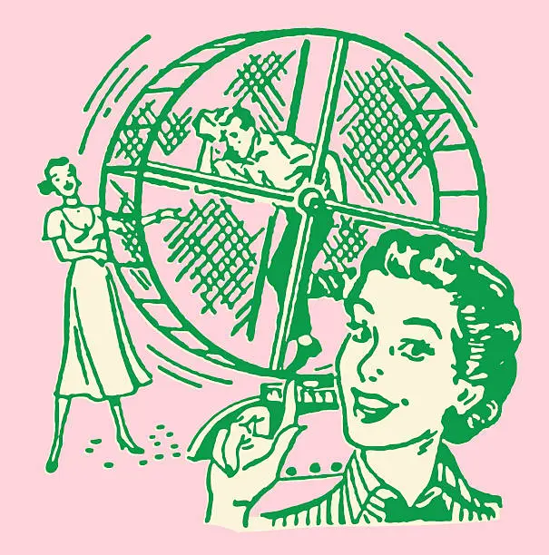 Vector illustration of Women Working Men on Hamster Wheel