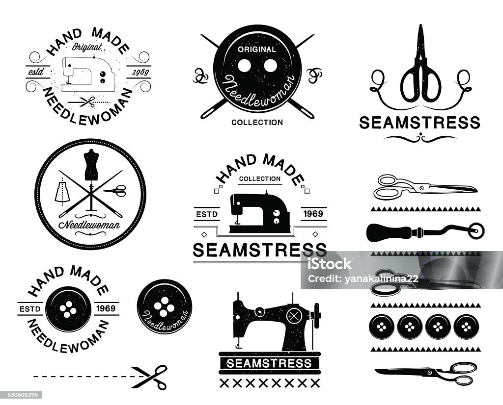 Set of vintage tailor labels, logo and designed elements. Vintage logos m elements for design on the theme of sewing and hand made Sewing Machine stock vector