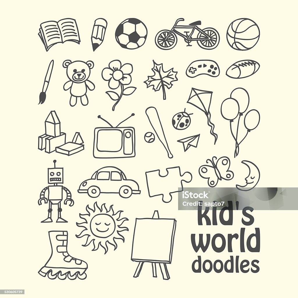 Kid's World Doodles Hand drawn vector illustration icons set of kid's world and summer event doodles elements. Toy stock vector