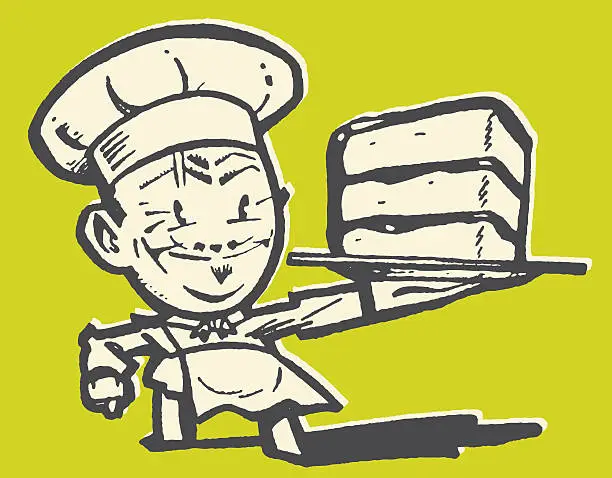 Vector illustration of Chef Carrying Slice of Cake on Plate