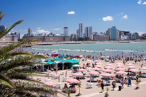 Mar del Plata City, Buenos Aires Province, Argentina - November 23, 2014: People vacation on the beaches of Mar de Plata. summer in Atlantic Ocean. 