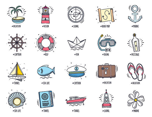 marine doodles - fishing industry fishing nautical vessel buoy stock illustrations