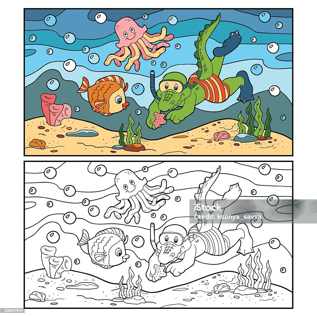 Coloring book (crocodile diver, ocean floor) Coloring Book Page - Illlustration Technique stock vector