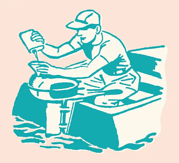 Vector illustration of Man Putting Oil in Boat's Motor