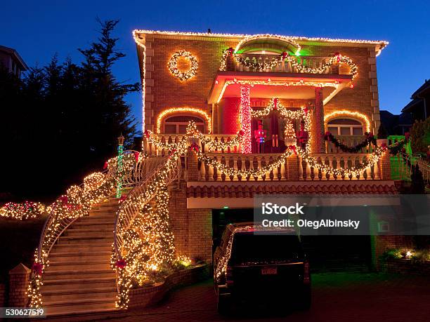 Luxury Brooklyn House With Christmas Lights At Sunset New York Stock Photo - Download Image Now