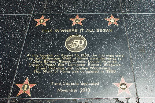 Los Angeles, USA - April 19, 2014: Initial plaque on Hollywood Walk of Fame in Hollywood, California. This plaque is located on Hollywood Blvd. and is the first one of over 2000 celebrity stars embedded in the sidewalk.