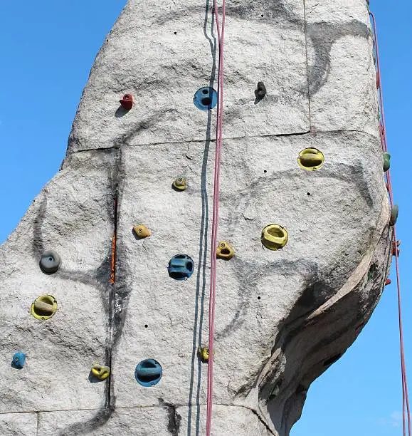 Artificial climbing rock in front of blue