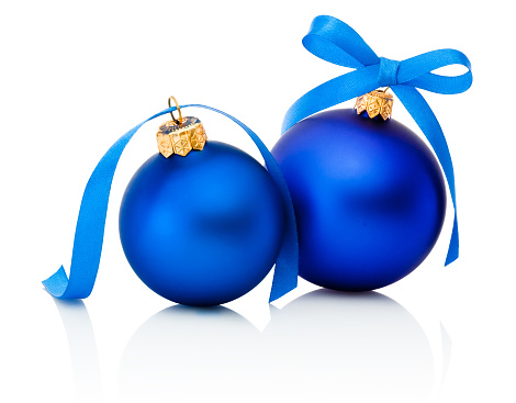 Two Blue Christmas balls with ribbon bow Isolated on white background