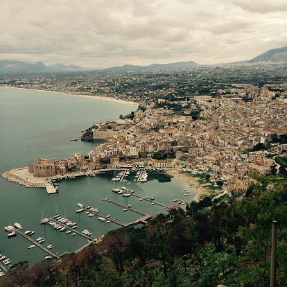 Western Sicily panorama from Castellammare del Golfo. From a belvedere on the SS187 road, some local landmarks can be seen, mainly Castellammare del Golfo, its leisure port, Alcamo, Punta Raisi. iPhone 5