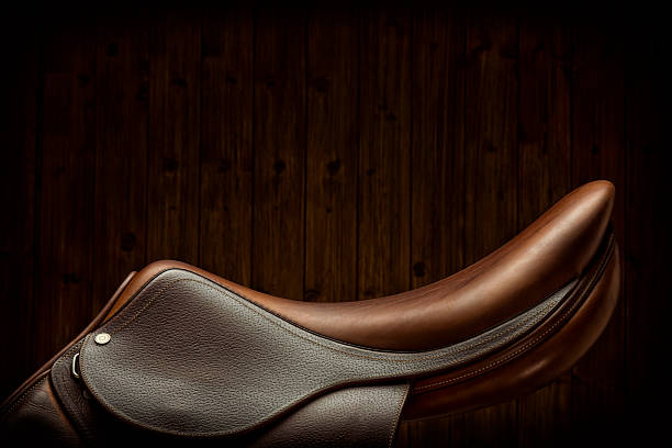 Side View English Show Jumping Saddle in Tack Room against a wood wall background