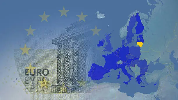 2015 version. The dark blue countries  are the eurozone members with the euro as their currency. the lighter blue ones are in the union but without the euro. In the backdrop is the small 5 euro note. Lithuania  in yellow